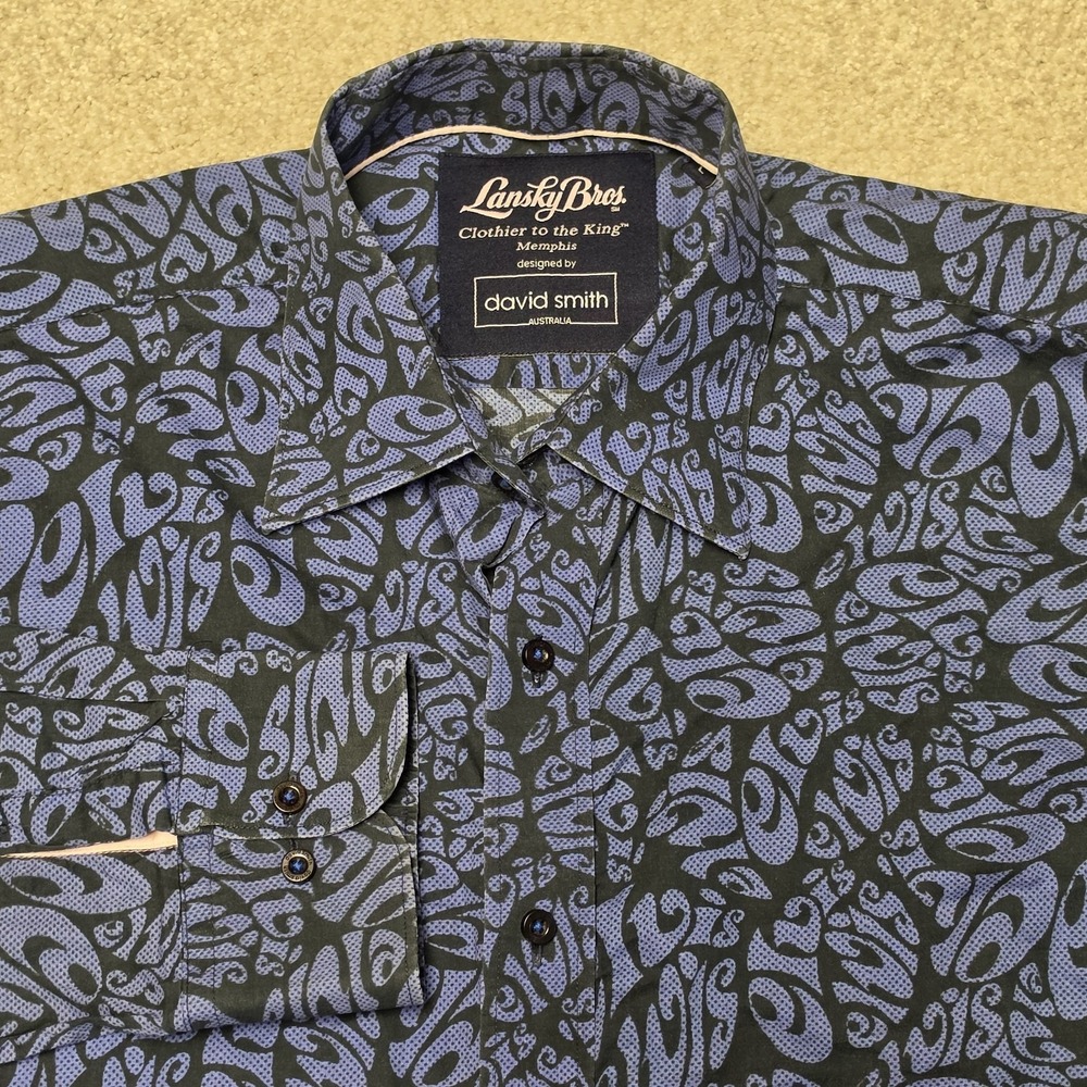 Lansky Bros David Smith Australia Elvis All Over Print Shirt Mens L Cotton Blue